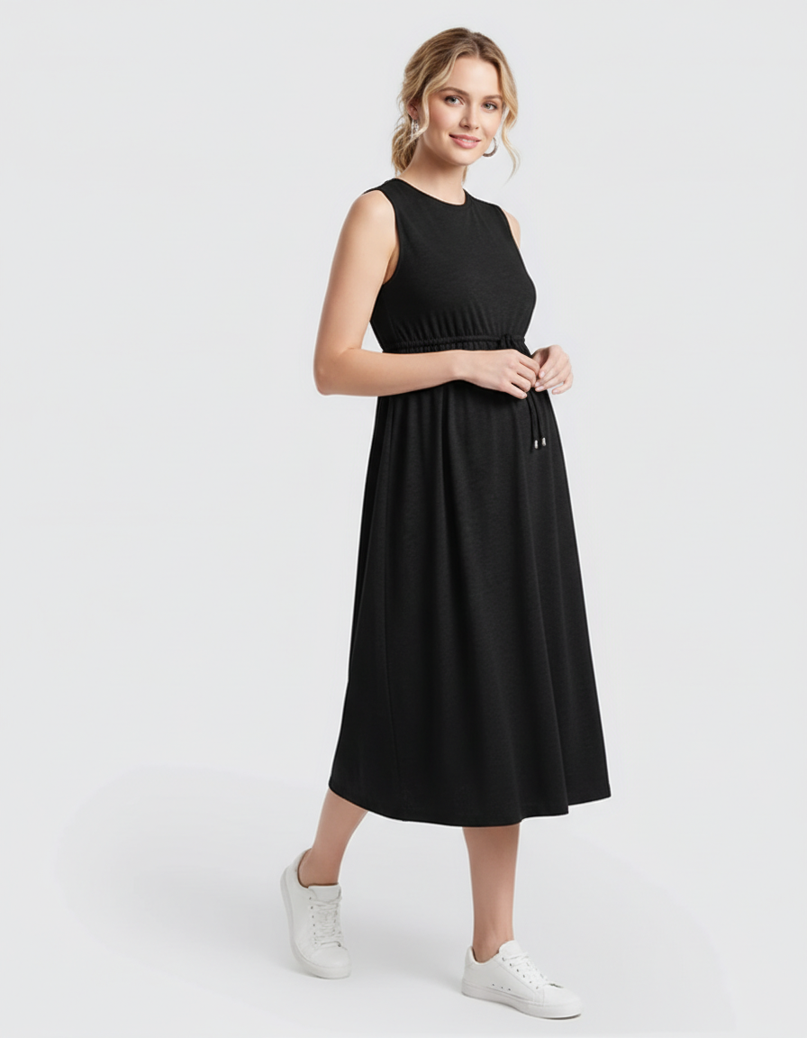 Bump Society – The Comfort Collection: Drawstring Waist Sleeveless Maternity Midi Dress-Bump Society