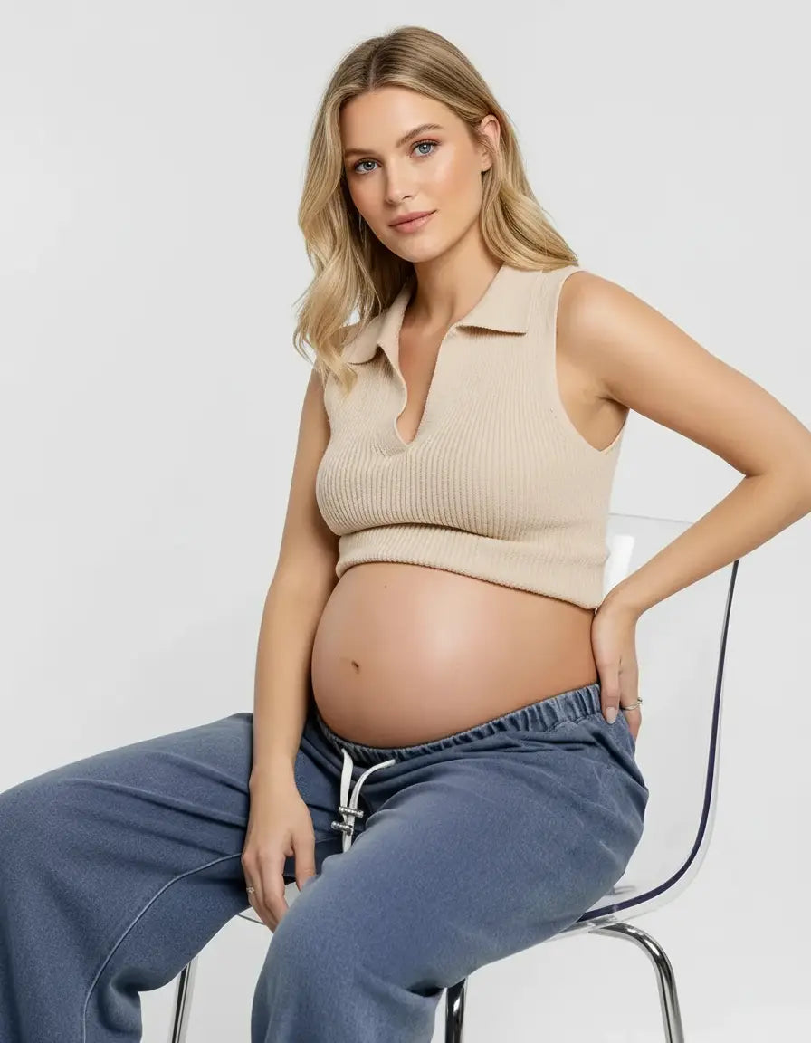 Pregnant woman in blue wide-leg maternity jeans with a drawstring waist and a beige ribbed top.