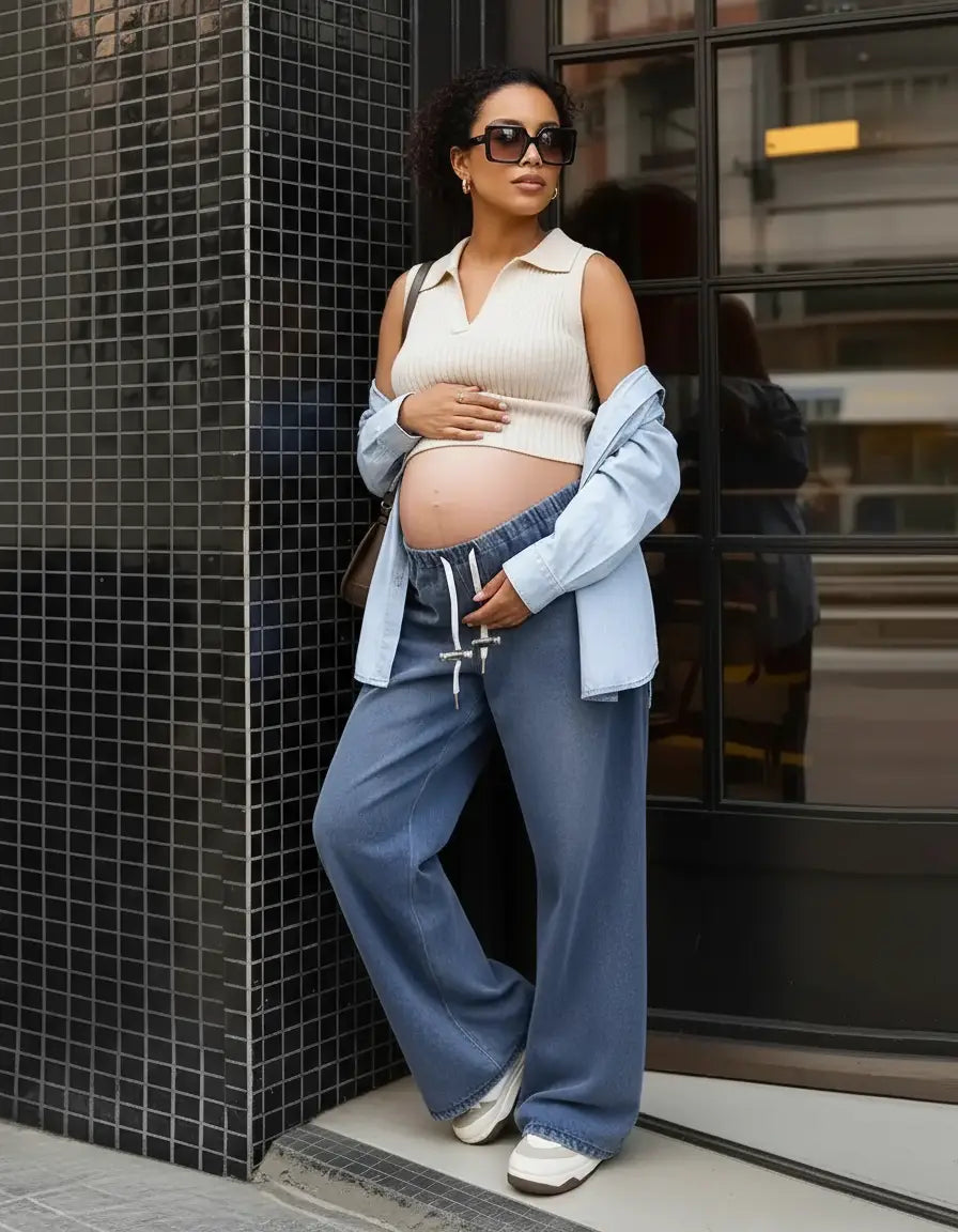Pregnant woman in light wash wide-leg maternity jeans with a drawstring waist, cream knit top, and blue shirt.