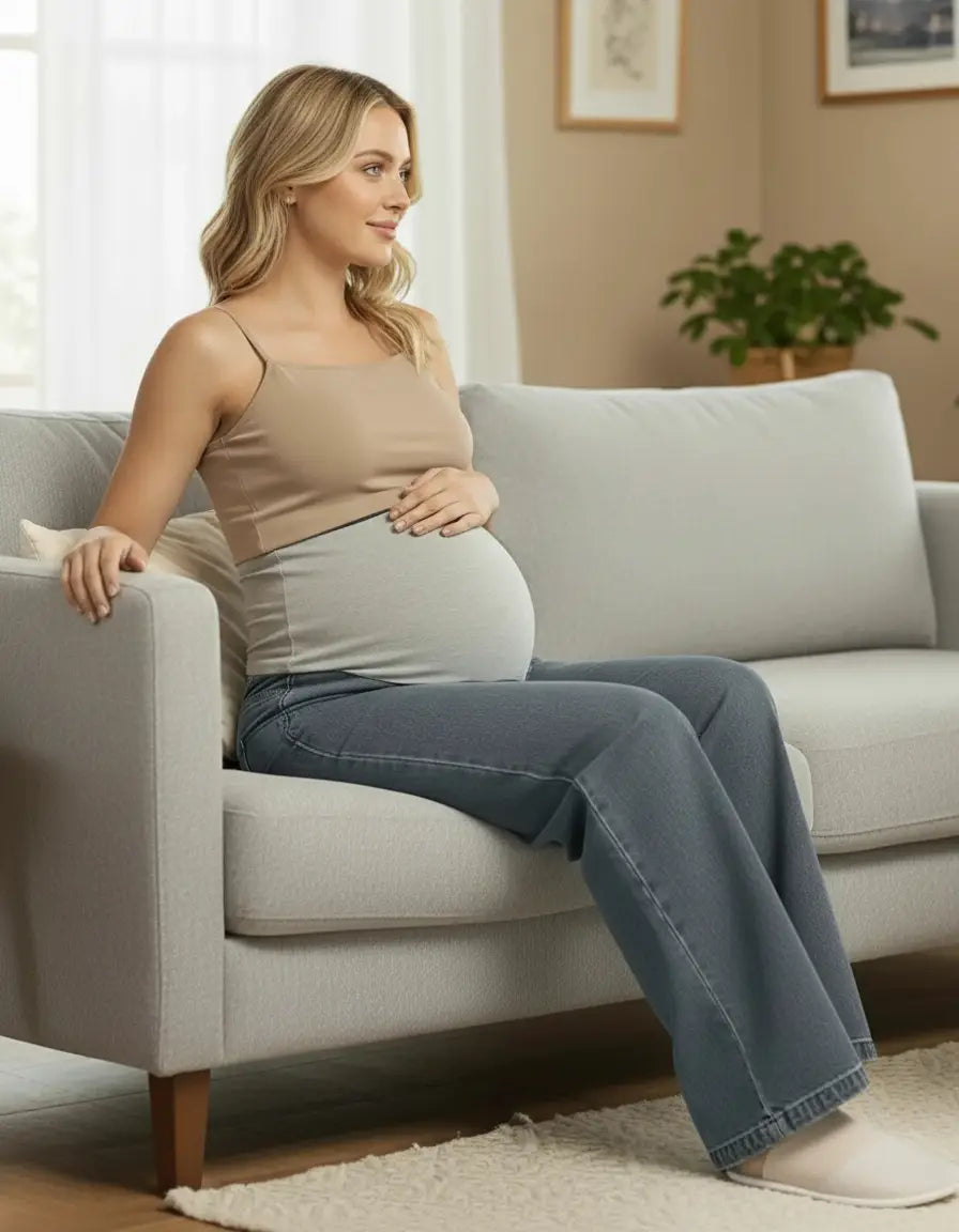 Pregnant woman in blue wide-leg maternity jeans with a grey elastic waist and a beige tank top, sitting on a couch.