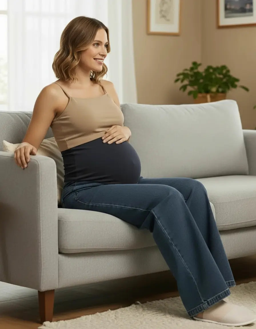 Smiling pregnant woman in beige top and dark wash wide-leg maternity jeans with elastic waist, sitting on a gray couch.