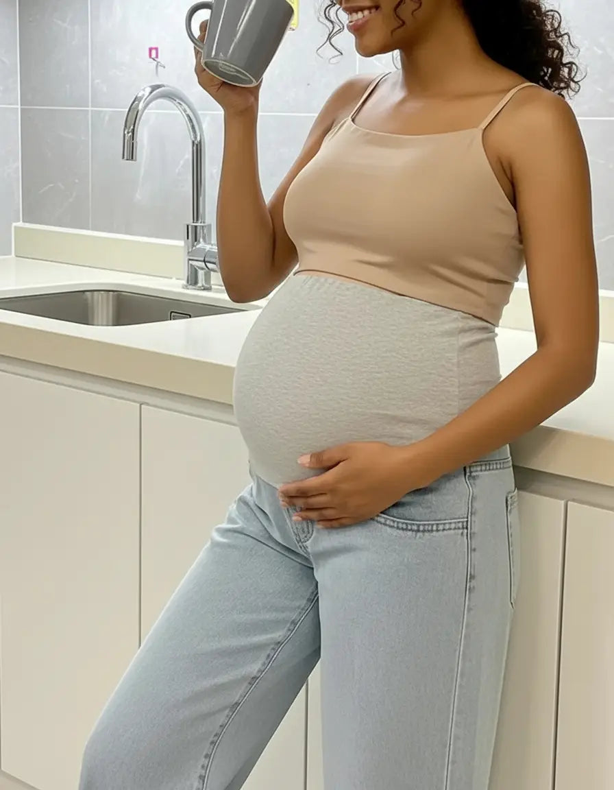Pregnant woman in light wash wide-leg maternity jeans with a grey elastic waist and a beige tank top.