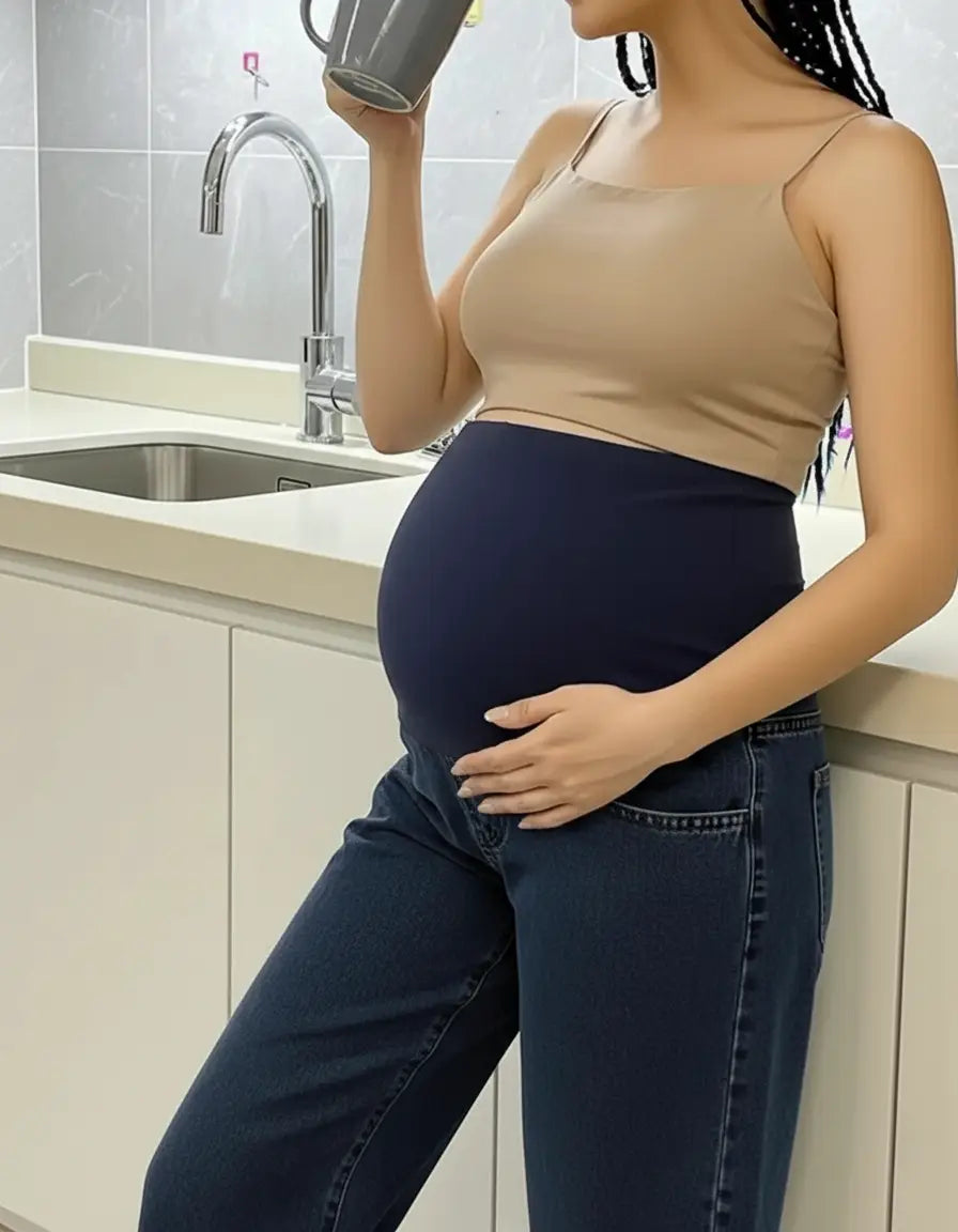 Pregnant woman in dark wash wide-leg maternity jeans with a navy elastic waist and a beige camisole.