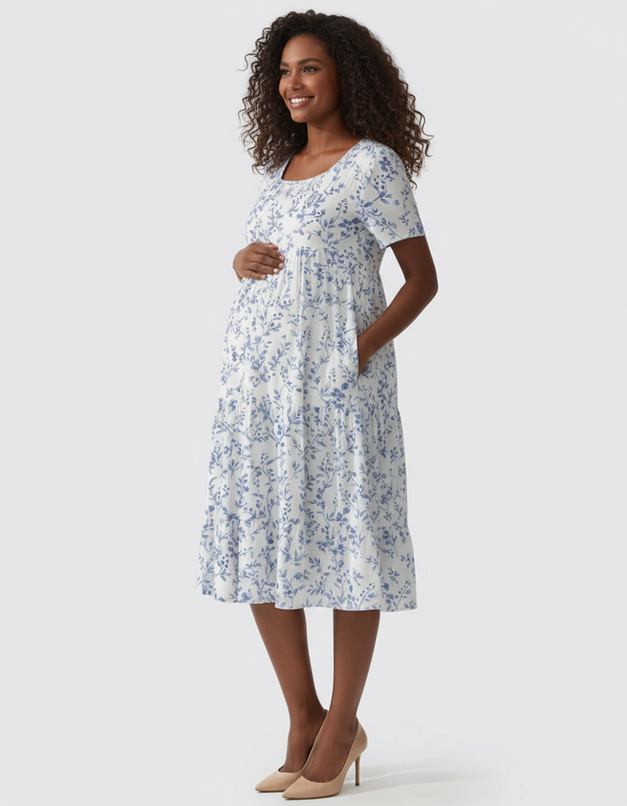Bump Society – The Comfort Collection: Empire Waist Tiered Maternity Midi Dress-Bump Society