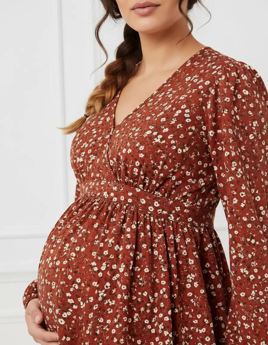 Maternity top in rust floral print with V-neck, long sleeves, and tie waist, showing a pregnant belly.