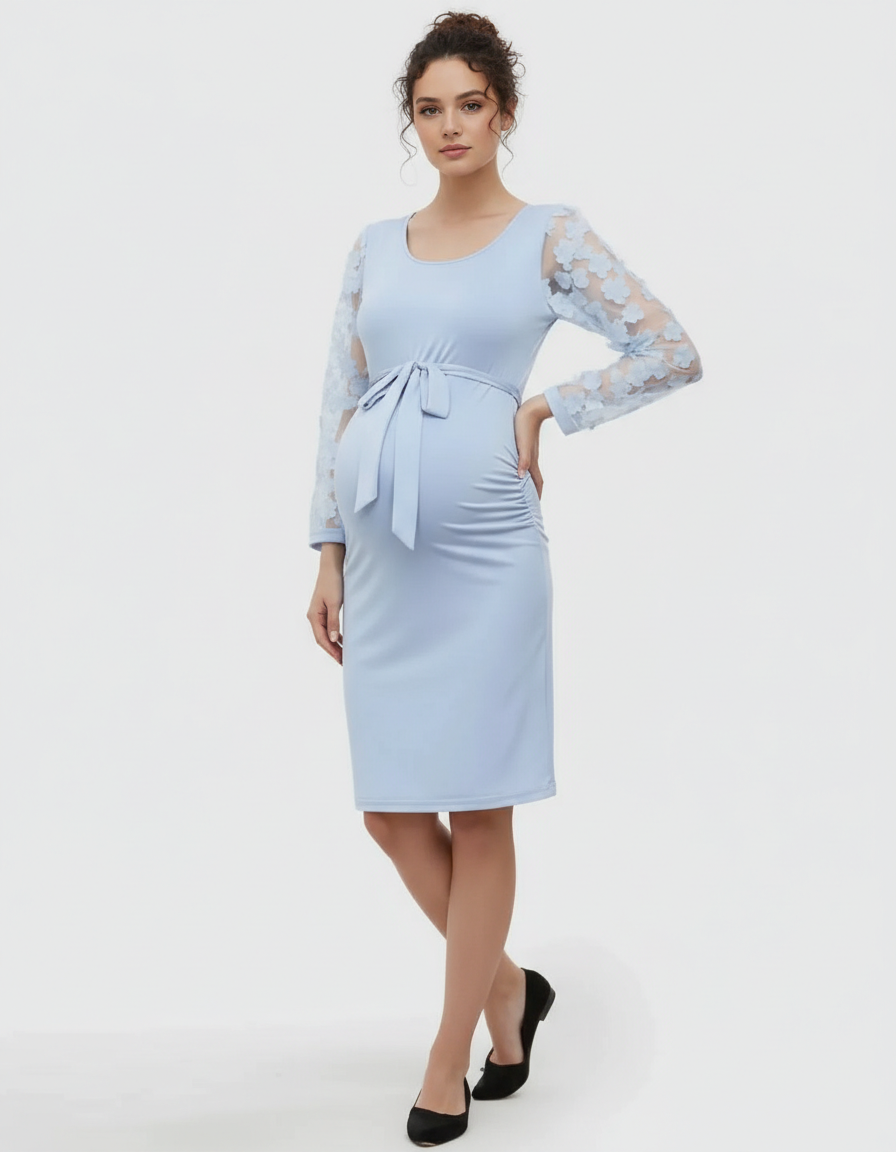 Bump Society – The Comfort Collection: Floral Sleeves Tie Waist Maternity Dress-Bump Society