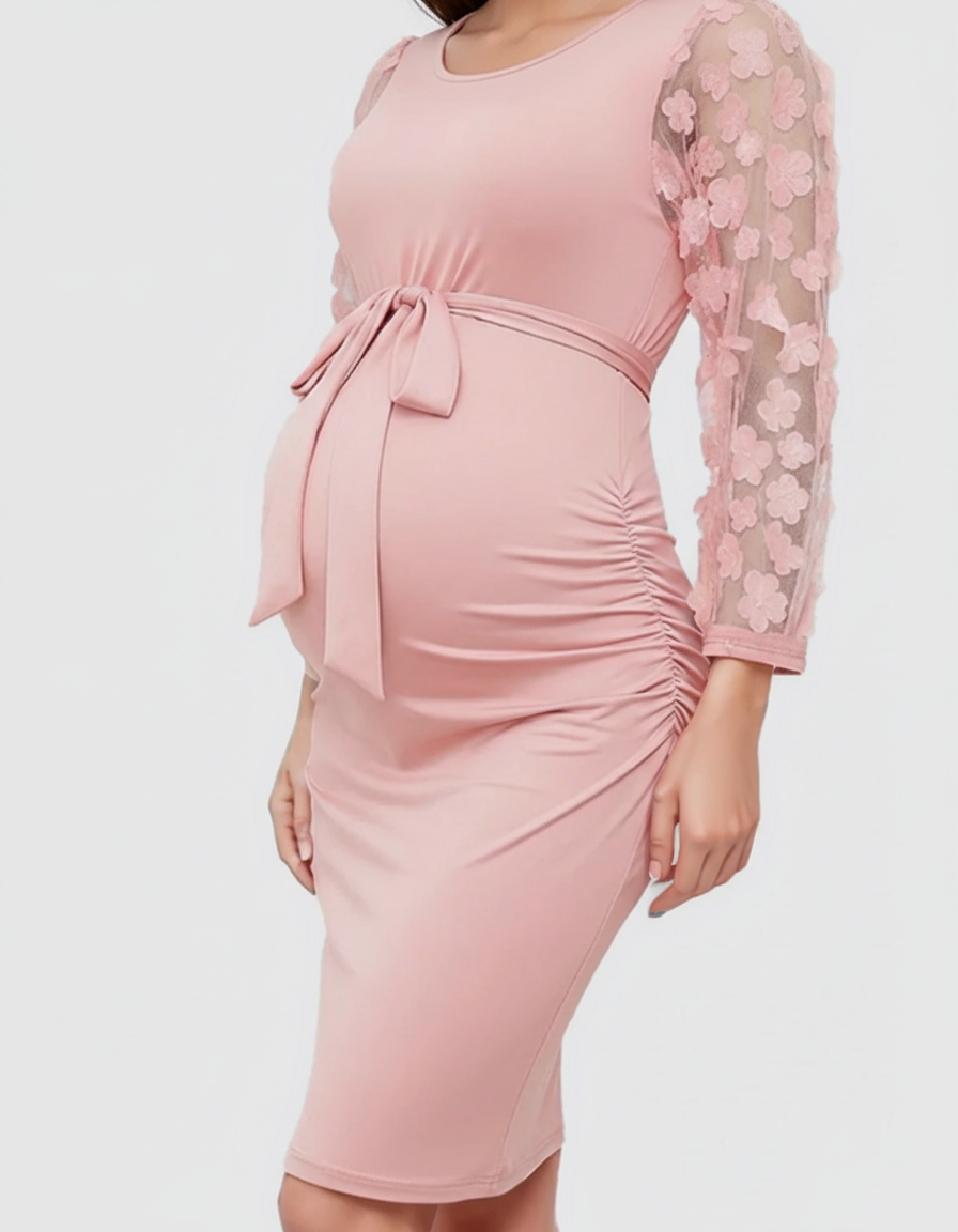 Bump Society – The Comfort Collection: Floral Sleeves Tie Waist Maternity Dress-Bump Society