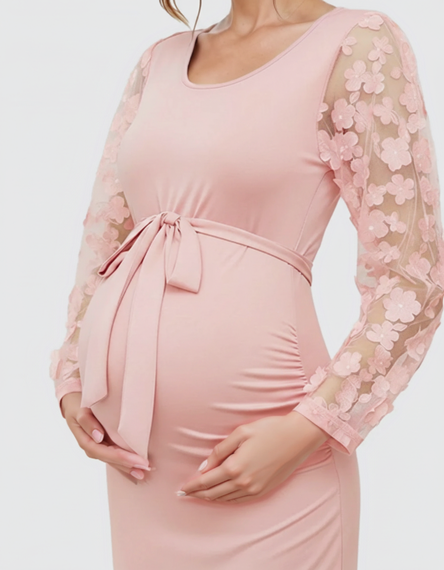 Bump Society – The Comfort Collection: Floral Sleeves Tie Waist Maternity Dress-Bump Society