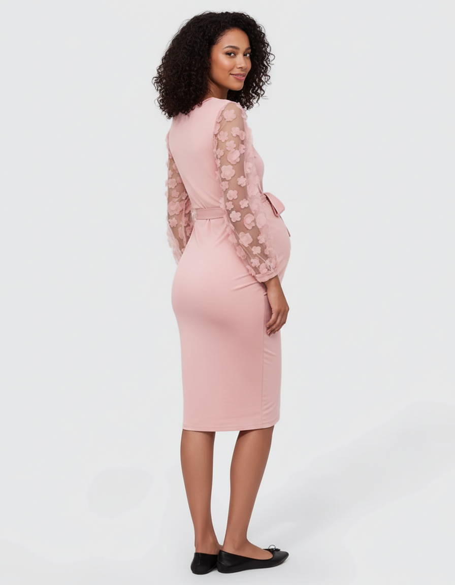 Bump Society – The Comfort Collection: Floral Sleeves Tie Waist Maternity Dress-Bump Society