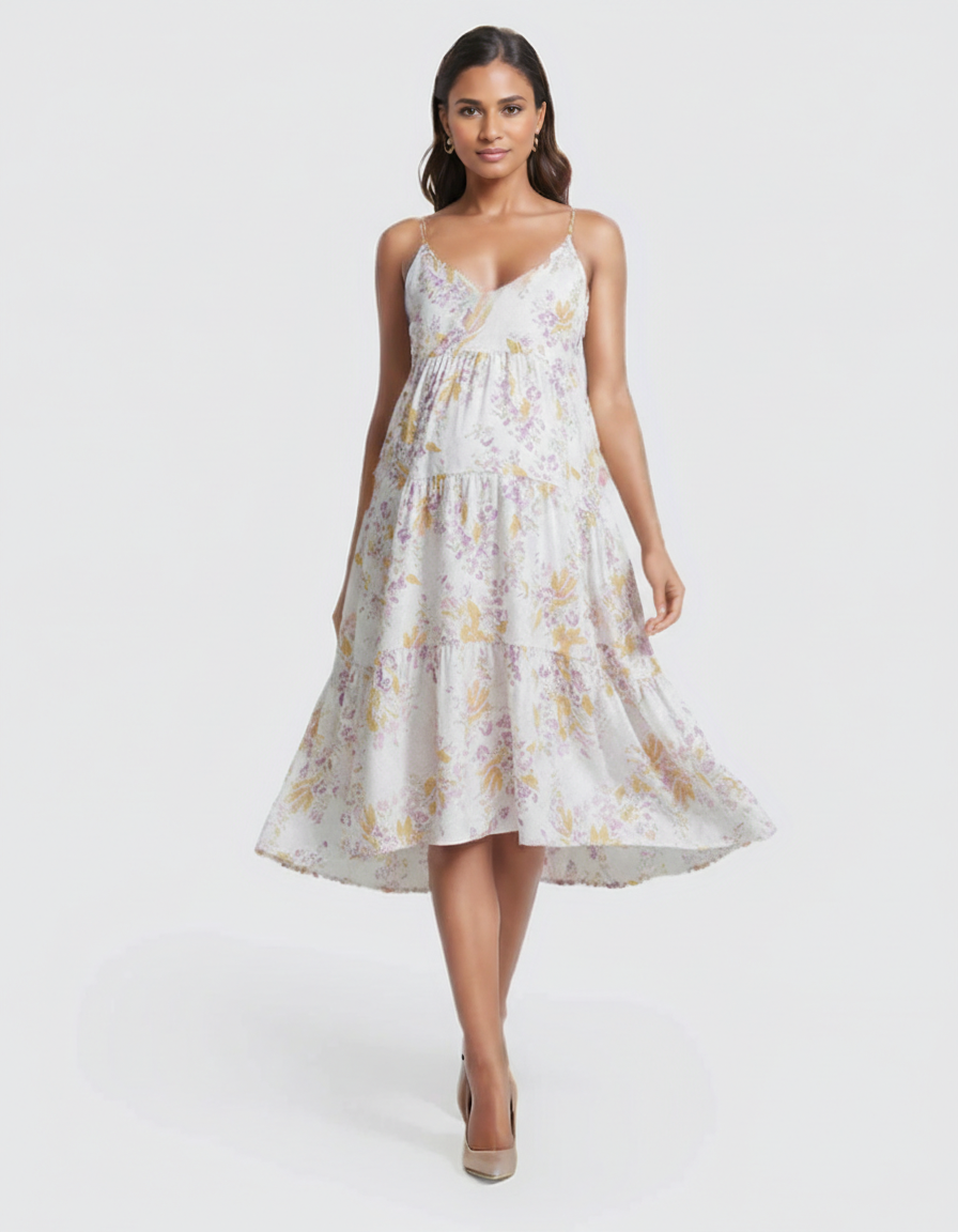 Bump Society – The Comfort Collection: Floral V-Neck Tiered Skirt Maternity Midi Dress-Bump Society