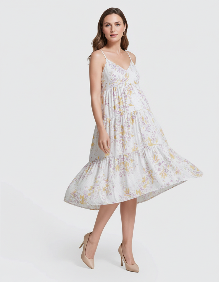 Bump Society – The Comfort Collection: Floral V-Neck Tiered Skirt Maternity Midi Dress-Bump Society