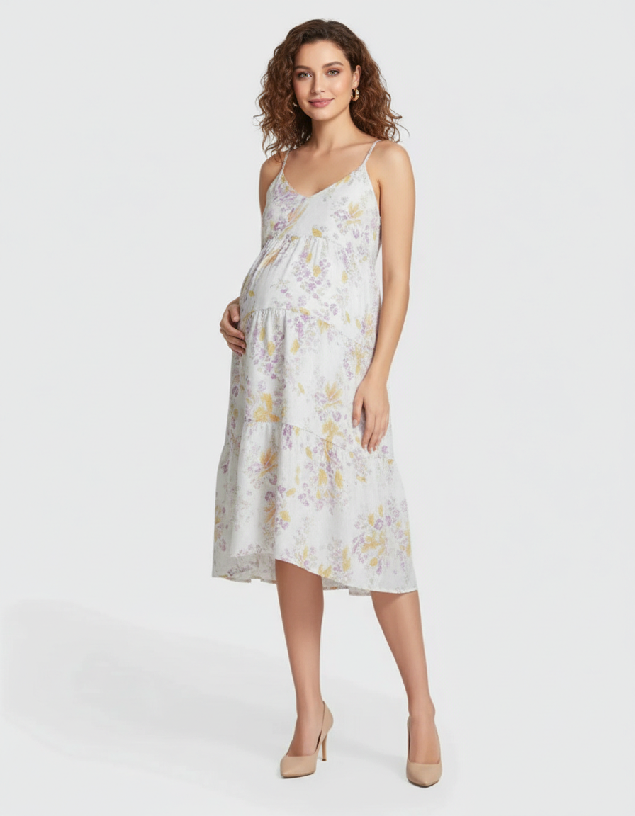 Bump Society – The Comfort Collection: Floral V-Neck Tiered Skirt Maternity Midi Dress-Bump Society