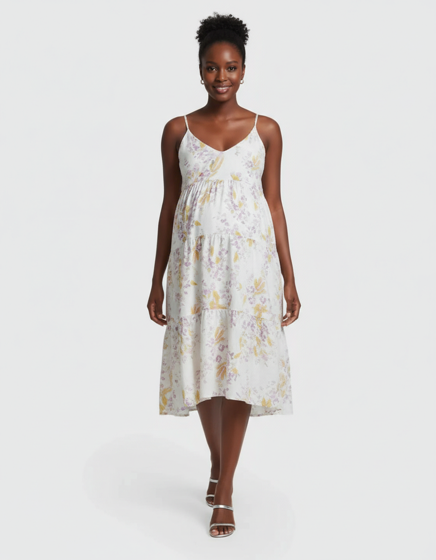 Bump Society – The Comfort Collection: Floral V-Neck Tiered Skirt Maternity Midi Dress-Bump Society