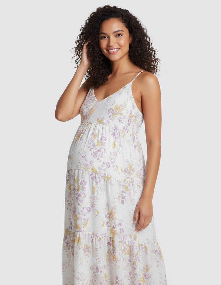 Bump Society – The Comfort Collection: Floral V-Neck Tiered Skirt Maternity Midi Dress-Bump Society