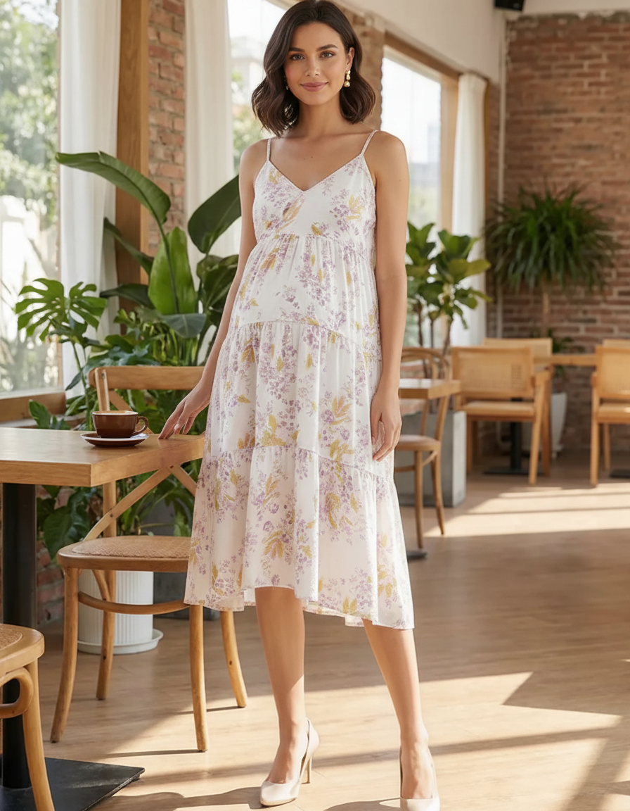 Bump Society – The Comfort Collection: Floral V-Neck Tiered Skirt Maternity Midi Dress-Bump Society