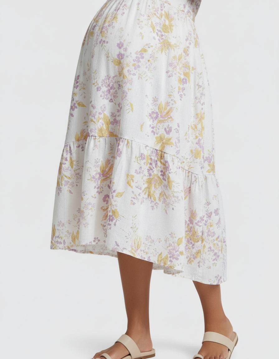 Bump Society – The Comfort Collection: Floral V-Neck Tiered Skirt Maternity Midi Dress-Bump Society