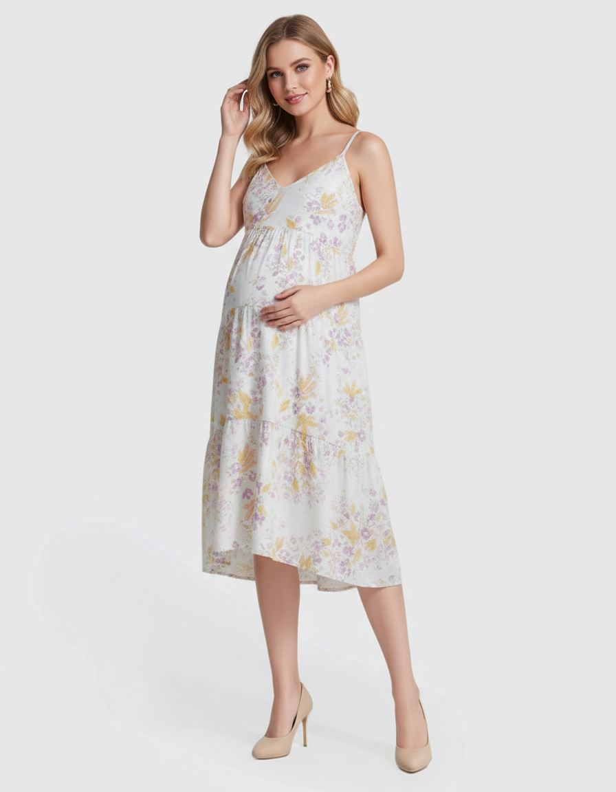 Bump Society – The Comfort Collection: Floral V-Neck Tiered Skirt Maternity Midi Dress-Bump Society