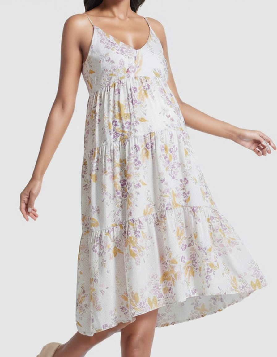 Bump Society – The Comfort Collection: Floral V-Neck Tiered Skirt Maternity Midi Dress-Bump Society