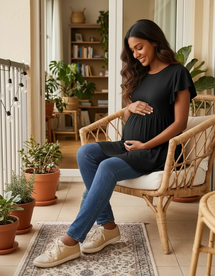 Bump Society – The Comfort Collection: Gathered Ruffle-Sleeve Maternity-Bump Society