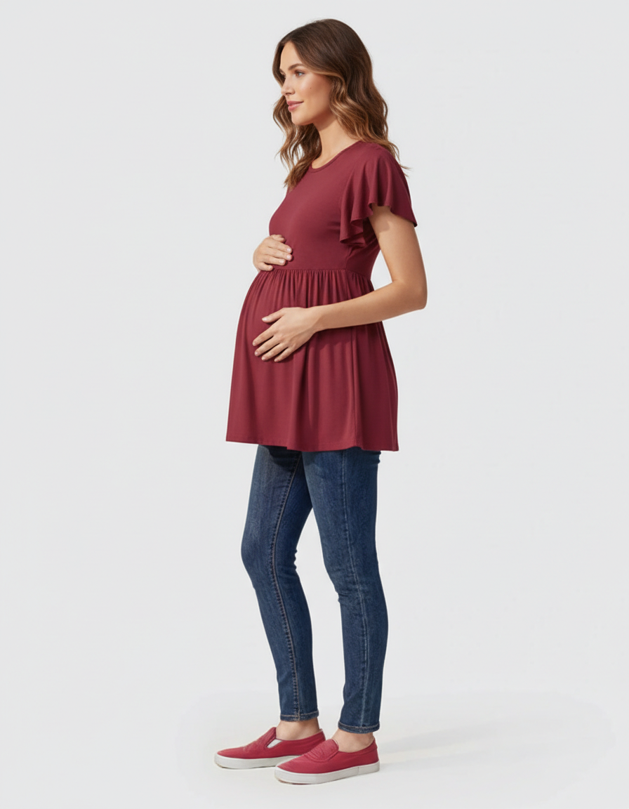 Bump Society – The Comfort Collection: Gathered Ruffle-Sleeve Maternity-Bump Society