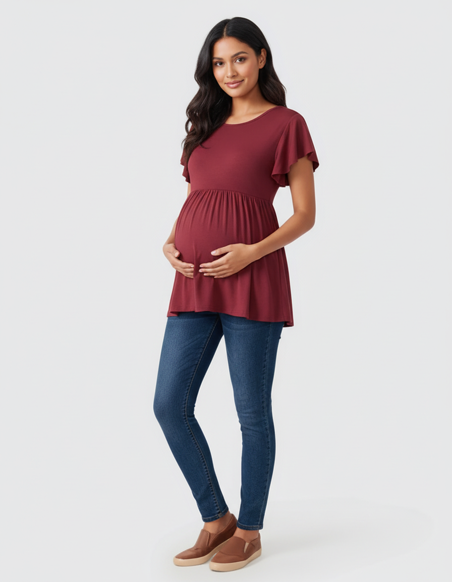 Bump Society – The Comfort Collection: Gathered Ruffle-Sleeve Maternity-Bump Society