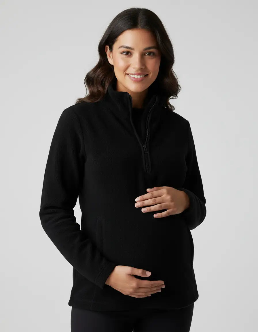 Smiling pregnant woman in a black fleece half-zip long sleeve maternity top with a stand collar.