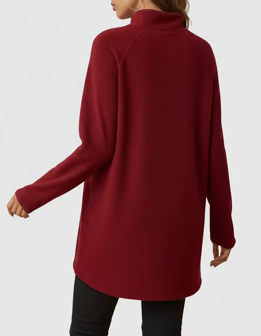 Red soft knit maternity half-zip long sleeve top with a relaxed fit and stand collar.