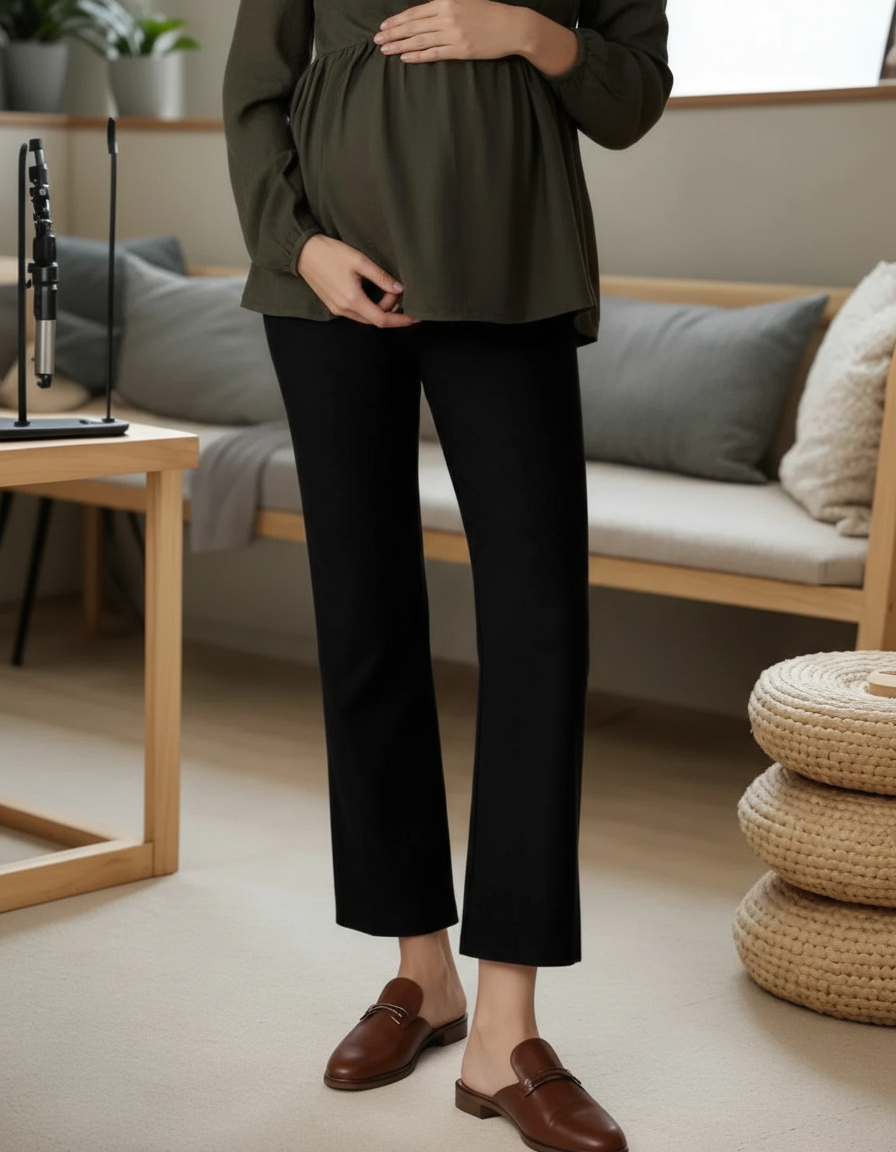 Pregnant woman wearing black high-waist kick flare maternity pants and an olive green top.