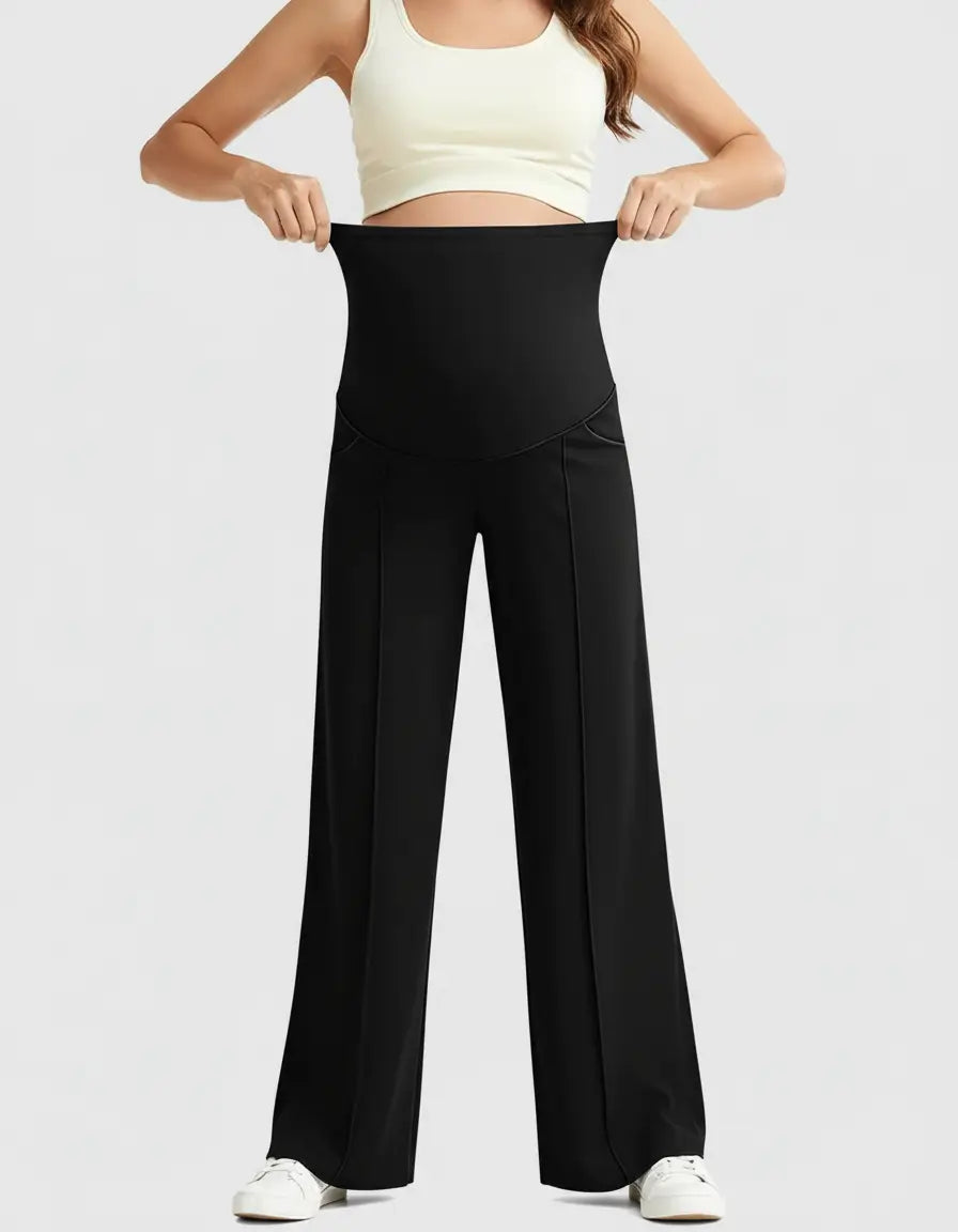 Black high-waist maternity pants with a relaxed fit and wide leg, shown stretched for comfort.
