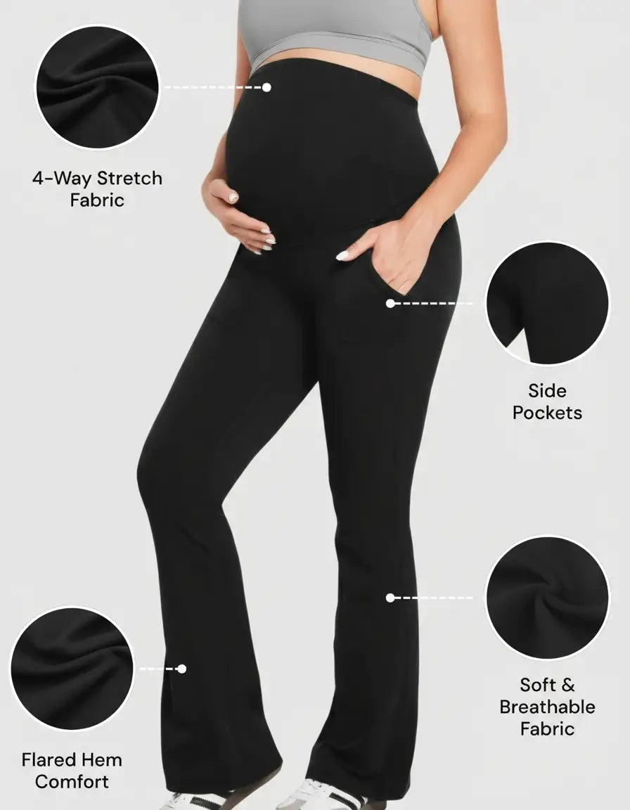 Pregnant woman in black high-waist, pocketed, flare-leg maternity leggings made of soft, 4-way stretch fabric.