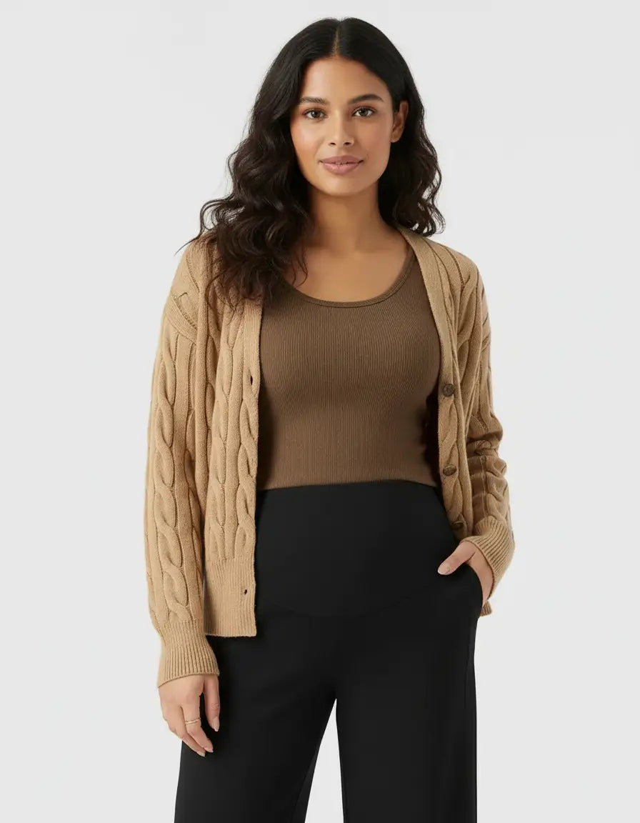 Woman in a camel cable-knit cardigan, brown ribbed tank, and black high-waist wide-leg maternity pants.