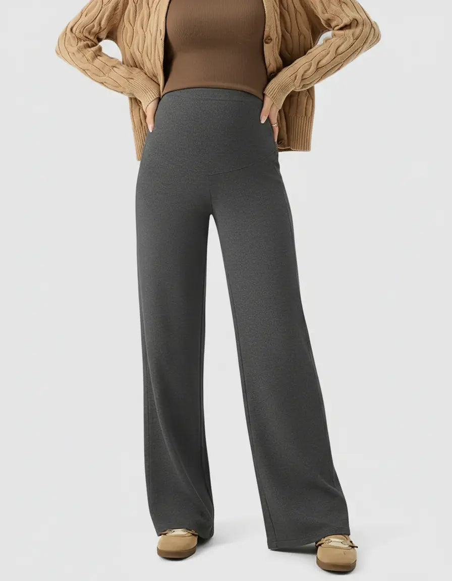 Charcoal gray high-waist wide-leg maternity wool pants with a comfortable over-the-bump band.