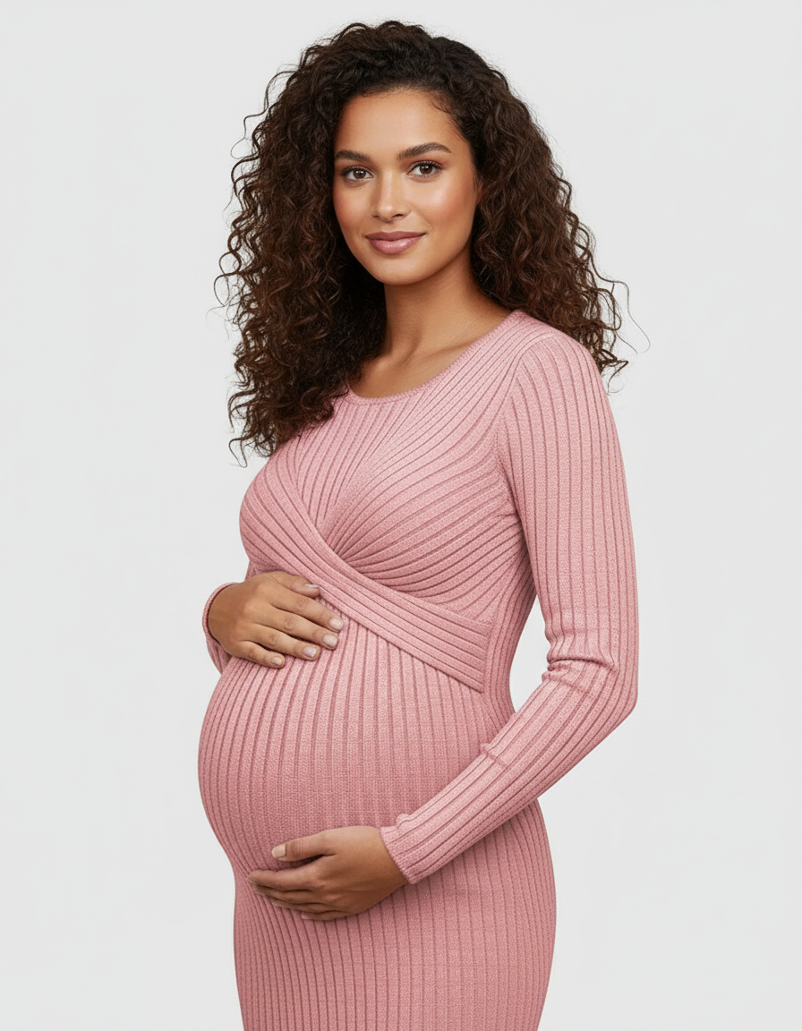 Bump Society – The Comfort Collection: Knot Front Long Sleeve Maternity Midi Dress-Bump Society
