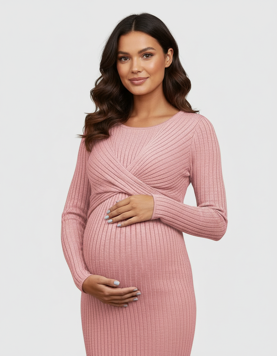 Bump Society – The Comfort Collection: Knot Front Long Sleeve Maternity Midi Dress-Bump Society