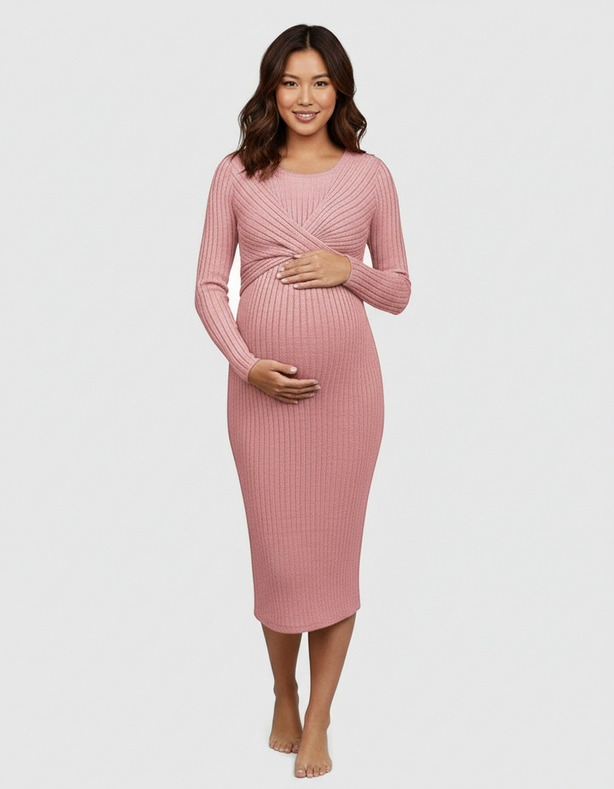 Bump Society – The Comfort Collection: Knot Front Long Sleeve Maternity Midi Dress-Bump Society