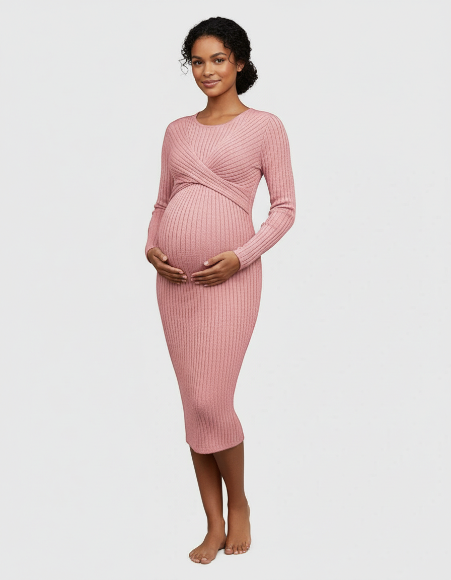 Bump Society – The Comfort Collection: Knot Front Long Sleeve Maternity Midi Dress-Bump Society