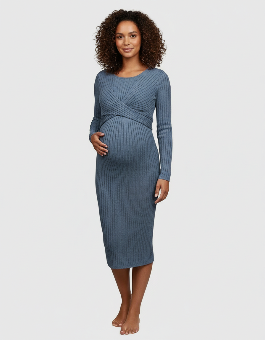 Bump Society – The Comfort Collection: Knot Front Long Sleeve Maternity Midi Dress-Bump Society