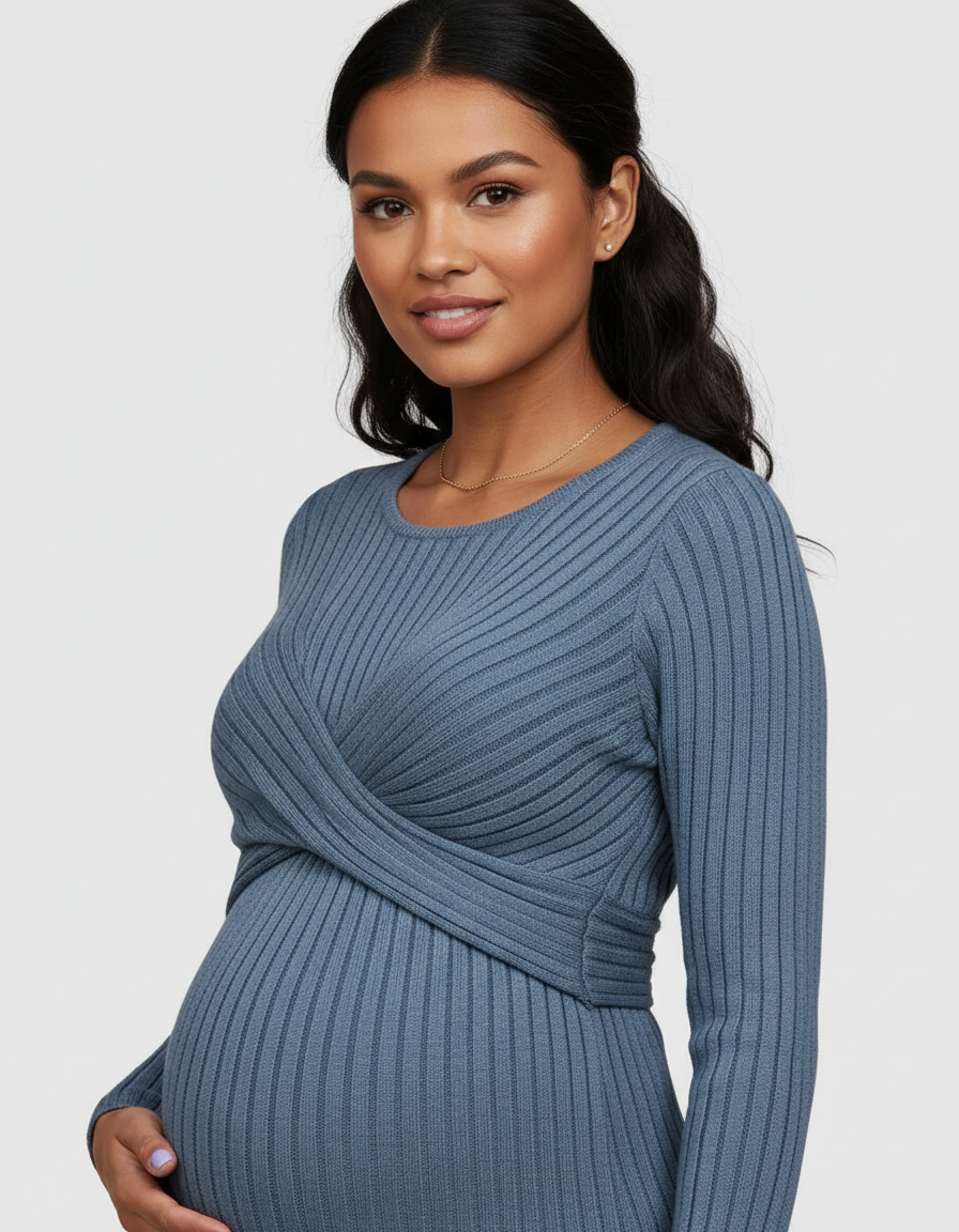 Bump Society – The Comfort Collection: Knot Front Long Sleeve Maternity Midi Dress-Bump Society