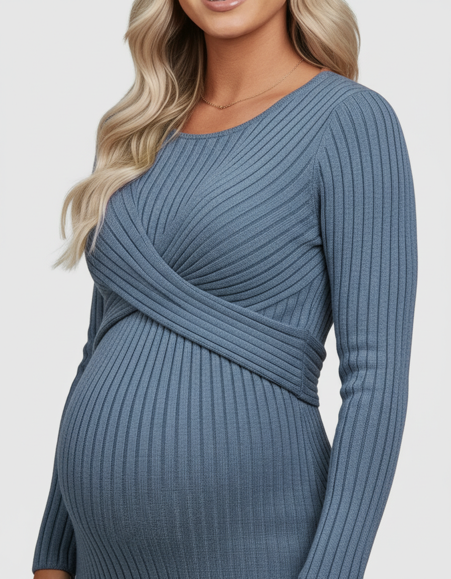 Bump Society – The Comfort Collection: Knot Front Long Sleeve Maternity Midi Dress-Bump Society