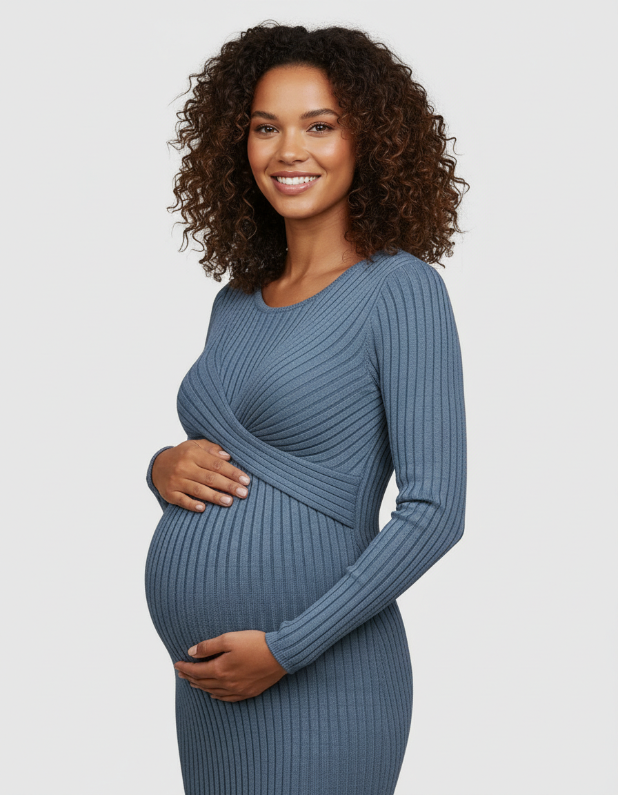 Bump Society – The Comfort Collection: Knot Front Long Sleeve Maternity Midi Dress-Bump Society
