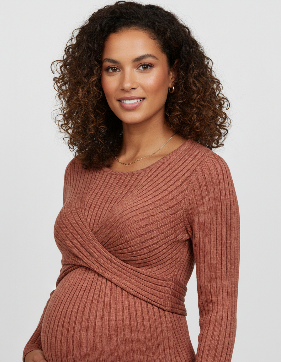 Bump Society – The Comfort Collection: Knot Front Long Sleeve Maternity Midi Dress-Bump Society