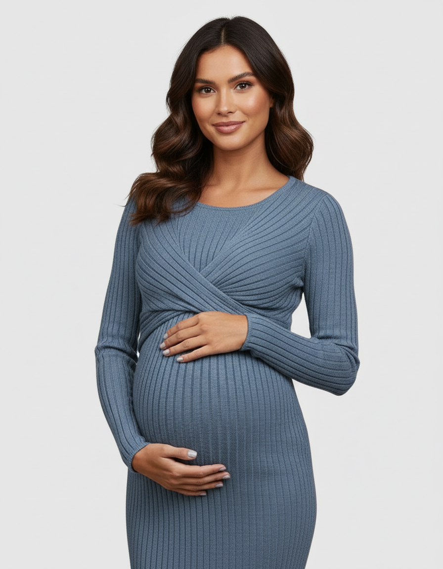 Bump Society – The Comfort Collection: Knot Front Long Sleeve Maternity Midi Dress-Bump Society