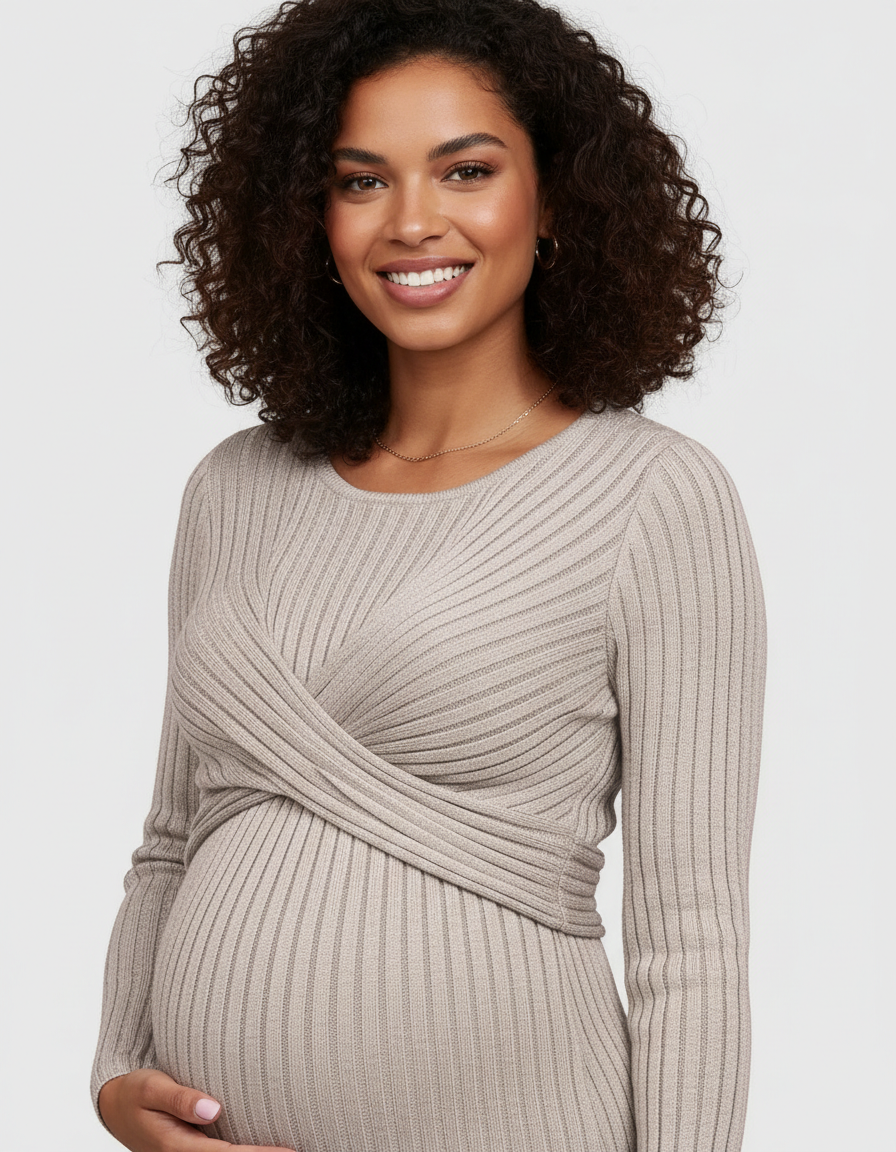 Bump Society – The Comfort Collection: Knot Front Long Sleeve Maternity Midi Dress-Bump Society