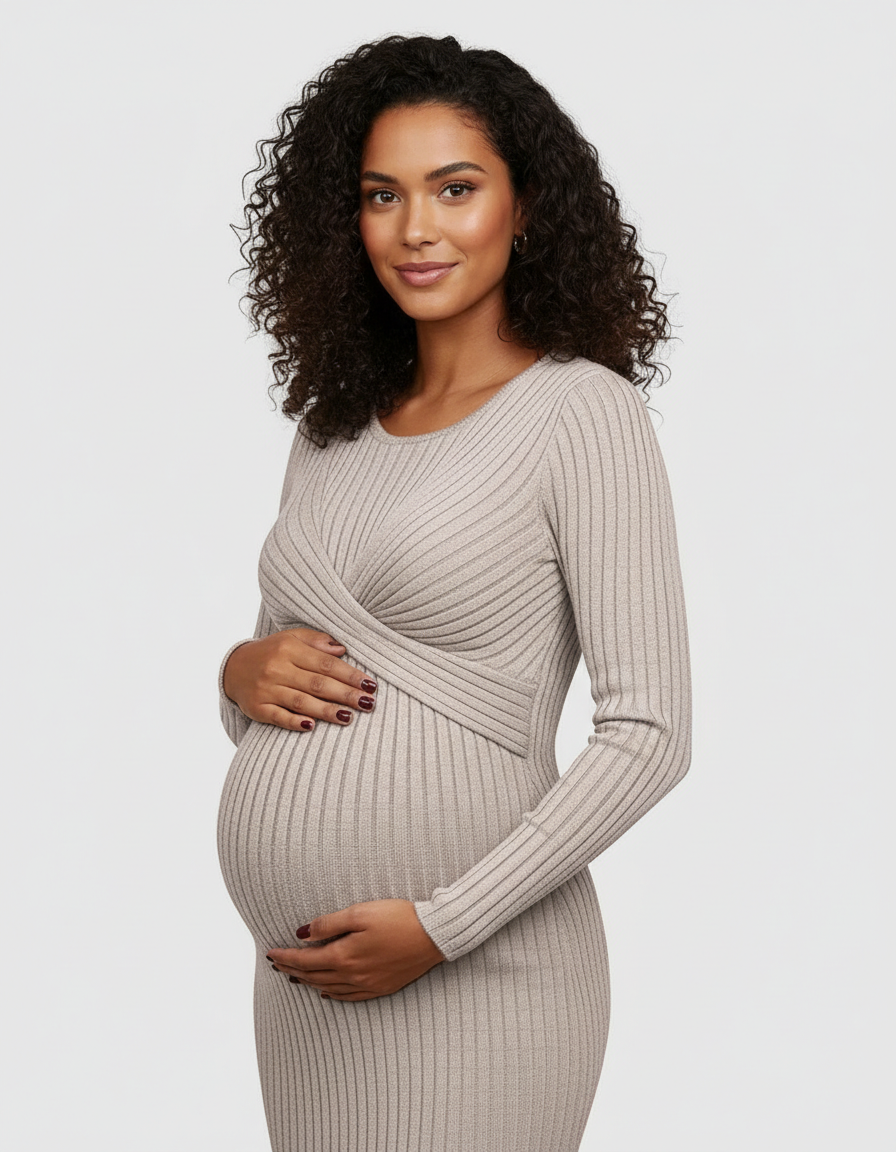 Bump Society – The Comfort Collection: Knot Front Long Sleeve Maternity Midi Dress-Bump Society