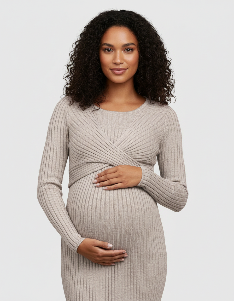 Bump Society – The Comfort Collection: Knot Front Long Sleeve Maternity Midi Dress-Bump Society