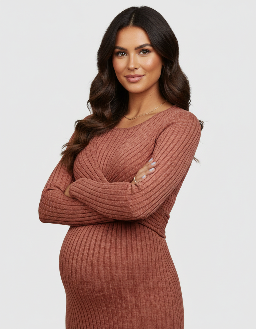 Bump Society – The Comfort Collection: Knot Front Long Sleeve Maternity Midi Dress-Bump Society