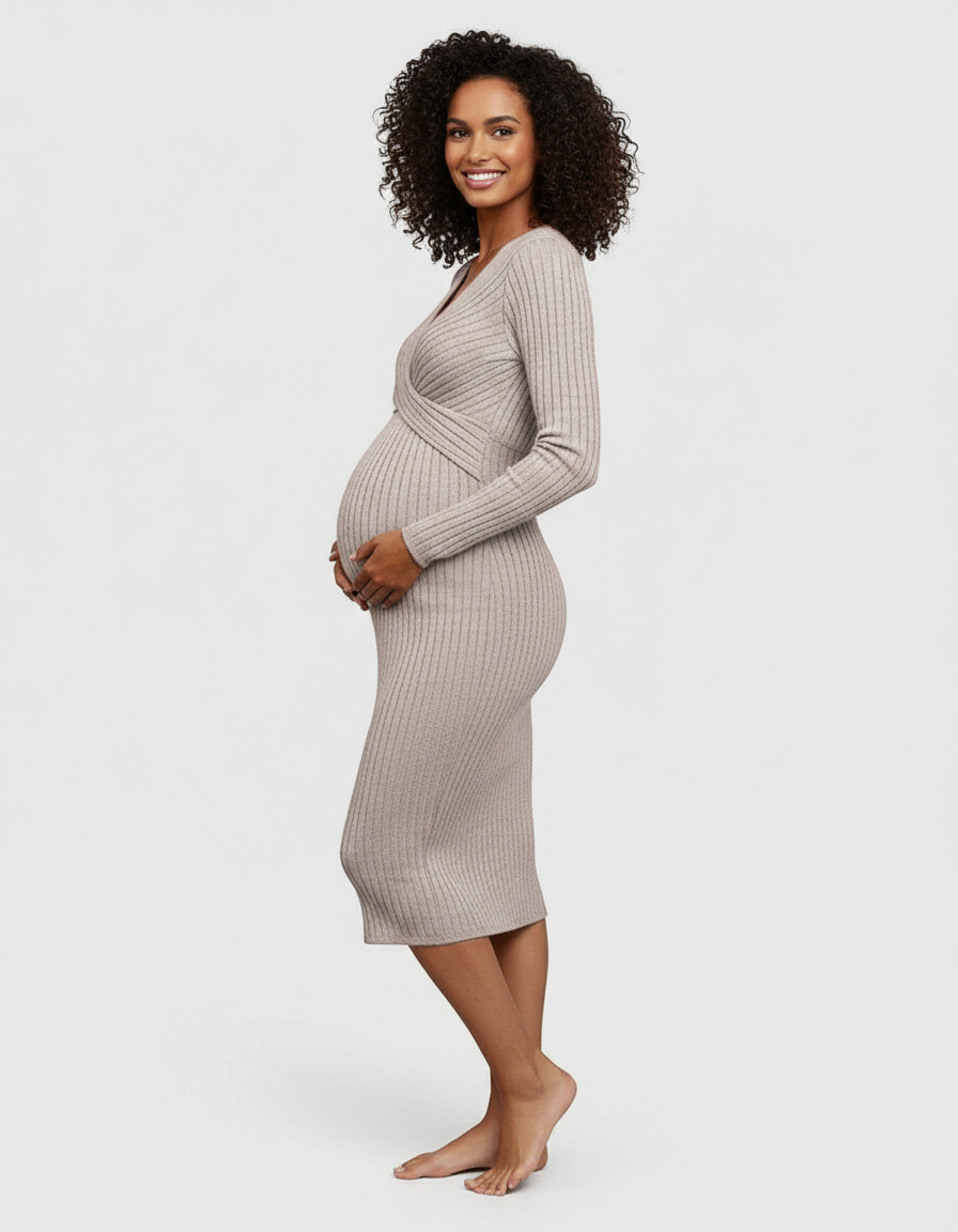 Bump Society – The Comfort Collection: Knot Front Long Sleeve Maternity Midi Dress-Bump Society