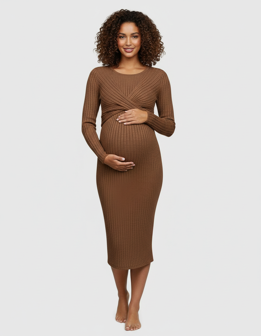 Bump Society – The Comfort Collection: Knot Front Long Sleeve Maternity Midi Dress-Bump Society