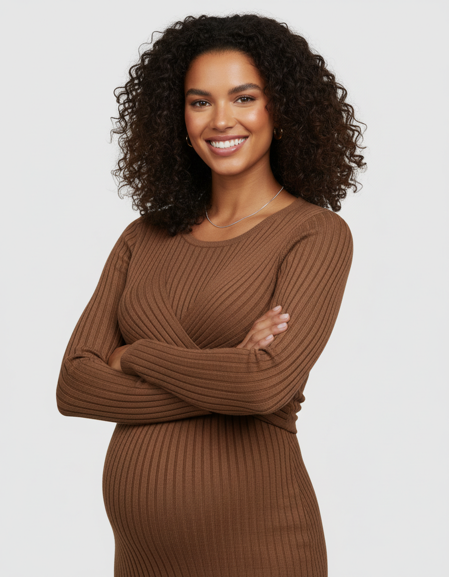 Bump Society – The Comfort Collection: Knot Front Long Sleeve Maternity Midi Dress-Bump Society