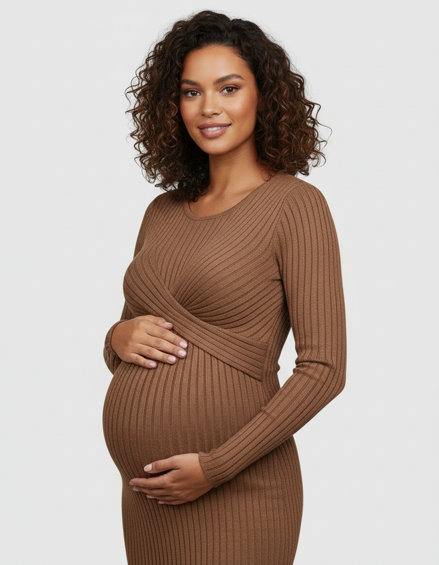 Bump Society – The Comfort Collection: Knot Front Long Sleeve Maternity Midi Dress-Bump Society